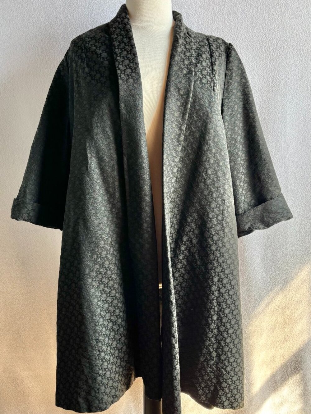 Vintage 1950s Black Brocade Open Front Swing Coat M/L